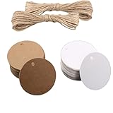 Kraftpapier Etiketten,200 Pcs Braun und Weiß Geschenkanhänger mit Juteschnur Runde Etikettenband Papier Personalisierte Geschenk Anhänger Papier Blanko für Handwerk,Weihnachten,Geschenkverpackung