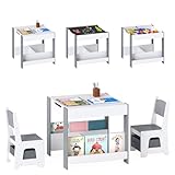 LIFEZEAL Kindertisch mit 2 Stühlen, 3 in 1 Maltisch & Aktivitätstisch & Tafeltisch mit Kinderstuhl, Multifunktionale Kindersitzgruppe Sitzgruppe Holz mit Stauraum (Hellgrau)