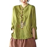 Damen Vintage Blumenstickerei Top Baumwolle Leinen Material Chinesischer Frosch Knopf 3/4 Ärmel Loose Fit Casual Bluse Shirt, 1e-Grün, XXL