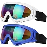 Schneebrille, 2 Stück, Ski-, Motorrad-, Snowboardbrillen mit UV-Schutz, winddicht, blendfrei, Gläser für Herren, Damen, Jugendliche, Kinder (bunt (blauer Rahmen + weißer Rahmen))