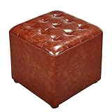 Quadratischer Leder-Pouf, Polsterhocker mit Massivholzsockel, 40,6 x 40,6 x 35,6 cm, kleine Bank für Wohnzimmer, Couchtisch, Braun