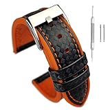 Buckle & Stitch Uhrenarmband mit Karbonfaser-Muster, Leder-Silikon-Hybrid, 20 mm, 22 mm, Schwarz, Orange, Blau, Federstege und Werkzeug im Lieferumfang enthalten, 22 mm