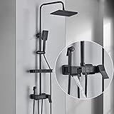 Duscharmatur Set Mattschwarz, Quadratischer Regenduschkopf Set, Messing Bidet Spray, 4-Wege-Duschsystem Wandmontage, Duscharmatur