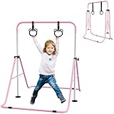 HOMCOM Kinder Gymnastik Turnreck 5-stufige höhenverstellbar Reckstange Reckanlage mit Gymnastikringen für Indoor bis 50 kg belastbar Stahl Rosa