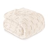 Exclusivo Mezcla Kuscheldecke Fleece-Decke, Superweiche 3D Karierte Wohndecke, Flauschige Tagesdecke für alle Jahreszeiten, 220 x 240 cm, Elfenbein