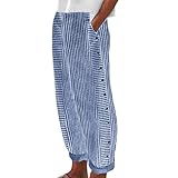 2025 - Frauen Sommer Mode Gestreiften Druck Taste Casual Vielseitige Lose Nine Point Hosen Bikini Hose Damen Blau (Blue, XL)