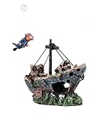 YZHZOM Aquarium deko Schiff: Realistisches Schiffswrack + Schwimmender Taucher, Blau, Harz, Bodenmontage, Floating Diver