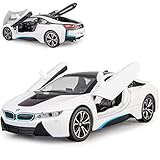 TGRCM-CZ 1/24 kompatibel für BMW I8 Modellauto, Zinklegierung, Rückzieh-Spielzeugauto mit Sound und Licht, für Kinder, Jungen, Mädchen, Geschenk (weiß)