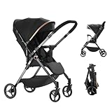 Kinderwagen, leicht und kompakt, 3 Neigungspositionen, 0 bis 4 Jahre (max. 25 kg), Liegeposition, einhändig, 4 Räder mit Stoßdämpfern, mit einem großen Korb (Schwarz C)