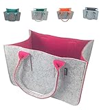 Shopping-Bag aus Filz-Stoff, große Einkaufs-Tasche mit Henkel, Einkaufskorb, faltbare Kaminholztasche zur Aufbewahrung von Holz, vielseitige Tragetasche für Spielzeug, Farbe grau (grau/magenta)