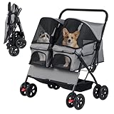COSTWAY Hundewagen Doppel, Hundebuggy faltbar für 2 Hunde und Katzen, Haustier Kinderwagen mit verstellbarem Sonnendach, Korb & Polster, Hundebox Transporttasche klappbar, Zwillingsbuggy (Grau)