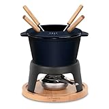 La Fonderie 1890 Fondue-Set aus Gusseisen für 4 Personen Mont d'Arbois, für Käse- und Schokoladenfondues, spritzfester Deckel, 4 Gabeln mit Buchenholzgriffen, Kapazität 1,2 L