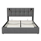 Doppelbett 160x200 cm, Hydraulisch Stauraumbett Funktionsbett mit Großer Stauraum, Bett mit Lattenrost aus Metallrahmen mit Aufladen USB und LED Beleuchtung