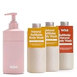 Wild Natürliches Nachfüllbares Duschgel-Starterset - in Rosa Case und einem 3er-Pack Duschgel-Nachfüllpackung in verschiedenen Duftrichtungen - Honey & Almond, Amber & Oud und Santorini Sunset