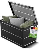 Gartenzeit® Auflagenbox 900 L (148×83×82 cm) – XXL Gartenbox aus pulverbeschichtem Stahl RAL 7016, wetterfest, wasserdicht & abschließbar, als Sitzbank nutzbar, Outdoor Kissenbox für Polster