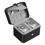 SONGMICS Uhrenbox mit 2 Fächern, Uhrenkasten, Uhrenkissen mit Stauraum und Trennwand, Tasche mit Klappe, 10,1 x 12 x 8,5 cm, Geschenkidee, Bezug in Schwarz, Innenfutter in Taubengrau JWB029GD01