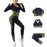 Veriliss Damen 3teiliger Gym Trainingsanzug 2024 Nahtlose Laufbekleidung Fitness Kleidung Jogginganzug Reißverschluss Kapuzen Fitness Jogging Tennis Laufen (SchwarzGrün,S)