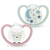NUK Space Night Baby Schnuller | 6-18 Monate | nachtleuchtender Schnuller mit extra Belüftung für empfindliche Haut | BPA-freies Silikon | Schaf & Mond | 2 Stück