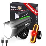 BOLEi LED Fahrradlicht Set 100 LUX| StVZO Zugelassen Fahrradlampe |Fahrradbeleuchtung USB Aufladbar | IPX5 Wasserdicht Fahrradlichter |Batterie Aufforderung (Frontlicht+ Bremslicht Rücklicht)