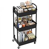 Sywhitta 3-stöckiger Küchenwagen, Allzweckwagen Rollende Lagerwagen mit Griff, Multifunktional Servierwagen Roll Regal für Büro, Wohnzimmer, Küche, Schwarz