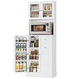 HOCSOK Küchenschrank, 182.5 cm Buffetschrank mit 2 Glastüren, Hochschrank mit 4 Türen und 2 Schubladen, Mehrzweckschrank für Küche, Esszimmer, Wohnzimmer, Weiß