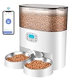 HoneyGuaridan Futterautomat 2 Katzen mit APP, 6L WiFi Katzenfutter Automat mit 2 näpfe, Zeitgesteuerte, 10s Sprachaufzeichnung, bis zu 6 Mahlzeiten am Tag - für Katze & Hunde (Weiß)
