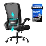 SONGMICS Bürostuhl ergonomisch, Drehstuhl mit Mesh, Lenden- und Kopfstütze, Wippfunktion, 53 cm große Sitzfläche, klappbare Armlehnen, Arbeits- und Schlafzimmer, Studenten, schwarz OBN37BK