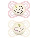 MAM Perfect Night Schnuller im 2er-Set, leuchtend im Dunkeln, zahnfreundlicher Baby Schnuller aus nachhaltigen & bio-erneuerbaren Materialien, mit Schnullerbox, 0-6 Monate, Vogel/Fuchs