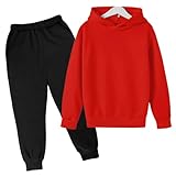 Kapuzen-Sweatshirt-Set für Kinder, Herbst und Winter, einfarbig, gepolstert, süße Kleidung für Teenager-Mädchen, langärmelig, Rot, 9–10 Jahre
