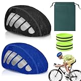 2Stks Reflektierender Fahrradhelm Regenschutz, Gut Sichtbarer Wasserdichter Fahrradhelm Schutz, Regenkappe Helmüberzug mit Reflektierendem Streifen Beutel,Fahrrad Armbänder für Nacht (Schwarz Blau)