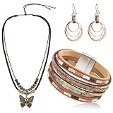 MWOOT Boho Schmuck Set für Damen, Bohemian Stapelbare Wickelarmbänder Leder, Vintage Schmetterling Anhänger Holzperlen Lange Halskette, Western Dreifache Kreis Ohrringe