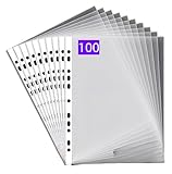 PUTOAHAO 100 Stück Klarsichthüllen A4 Glasklar,DIN A4 Prospekthüllen A4 aus PP(0.06 mm,60 My,60µ,60 micron),11 Loch Perforationen Klarsichtfolien A4 für Broschüren,Ordner,Dokumente (Weiß Seite,6C)