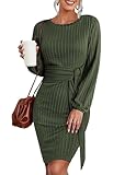 Hotouch Damen Strickkleider Elegant Knielang Pulloverkleid Langarm Rundhals Herbstkleid Casual Wickelkleid Gestrickt Midikleid Figurbeton Einfarbig Weihnachtskleid Armeegrün XL