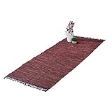 Relaxdays Flickenteppich, 80 x 200 cm, Baumwolle & Leder, Teppichläufer mit Fransen, rutschfest, Fleckerlteppich, rot