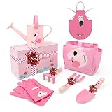 Hortem Kinder-Gartengeräte-Set, 7-teiliges Metall-Kinder-Gartenset mit Handwerkzeug, Gartentasche, Kinder-Gartenhandschuhe, Kinderschürze, Gartengeschenke für Kinder