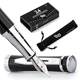 Wordsworth & Black Füllfederhalter-set, Mittlere Feder, Inklusive 24 Tintenpatronen, Tintennachfüllkonverter Und Geschenkbeutel, Chrom-finish, Kalligraphie, [Schwarzes Chrom] Perfekt Für Männer Frauen