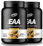 Wehle EAA Pulver 500g, feines Amino-Pulver mit 8 essentiellen Aminosäuren, Human Code Formel I Leckerer Geschmack & Top Löslichkeit - Vegan Zucker, Amino Workout Drink (2x 500g, Tropical Fruits)