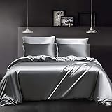 YASMENG Satin Bettwäsche 200x200 Dunkelgrau/Hellgrau Wendebettwäsche - Luxus Seide, Weich, Glatt, Glänzend, Seidig - 3 Teilig Mit Reißverschluss und 2 Kissenbezüge 80×80 cm