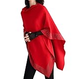 Glänzender Damen-Schal, aus Wolle, lässig, vielseitig, glänzend, Kaschmirwolle, großer Poncho, mit Kreuz vorne, rot, 46