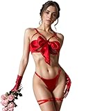 NewBull Sexy Dessous Set für Damen Spitzen Straps Unterwäsche 2 teiliges Set – Hohler Tüll BH + Hoch Taillierter Tanga + Mini Spitzen Beinringe (Rot, Einheitsgröße)
