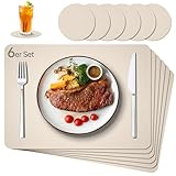 IKWOLETI Tischsets Abwaschbar mit Untersetzer - 6er Set Platzsets Abwaschbar aus Kunstleder - Doppelseitige Platzdeckchen in Lederoptik - Ideal für Küche und Büro Beige