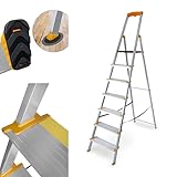 DRABEST - Trittleiter 7 Stufen Klappbar - Alu Leiter - Stabiler Klappleiter mit Ablage und 120mm Breiten Stufen, Rutschfest - Leiter für Hausgebrauch und Arbeit - bis 150kg Belastbar -0,52x0,24x0,115m