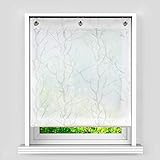 Heichkell Voile Ösen Raffrollo Gardine mit Haken Ausbrenner Raffgardine ohne Bohren Ausbrenner Design Baumast Faltenrollo in Küche Rollos Vorhang mit seitlicher Schnüren Weiß HxB 140x60 cm