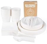Anstore 200 Stück Teller und Besteck Set Partygeschirr Kompostierbar Ökologisch Pappteller und Besteckset, Umweltfreundlich Party und Picknick Set - Teller, Löffel, Gabel, Messer, Trinkbecher