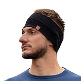 menique Merino Stirnbänder für Männer Sportliches Stirnband für langes Haar beim Laufen, Fitness, Wandern, Schweißband Unisex dünnens Haarband mit Woll-Ohrwärmer (Black)