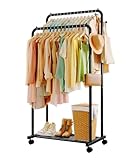 Sakugi kleiderständer auf rollen – Doppelstangen Kleiderstange mit Mesh-Ablage, Haken & Rollen, Stabiler Garderobenständer für Waschküche und Wohnzimmer, 73 x 42 x 150 cm, Schwarz