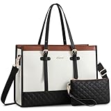 LOVEVOOK Handtasche Damen, Business Laptoptasche 15,6 Zoll aus Canvas & Leder, Lehrertasche Aktentasche gross, Handbags for Women Arbeitstasche für Büro Uni Arbeit, Braun-Schwarz-Weiß