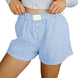 Damen Y2K Karierte Kurze Hosen - Shorts mit elastischer Taille Knopfleiste vorne Lounge-Shorts Leinen Gummiband Shorts Lockere Freizeit Kurze Hosen Gingham-Boxershorts Sommer Pyjama-Shorts Streetwear