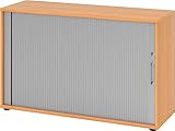 bümö Aktenschrank abschließbar mit Rollladen, Rollladenschrank für Ordner & Co. - Büroschrank mit Rollo, abschließbarer Ordnerschrank aus Holz in Buche/Silber mit Bügelgriff