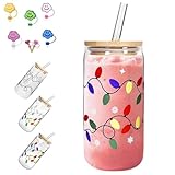 OLYGEE Christmas Color Changing Glass Cup, Color Changing Christmas Cup with Lid, 18oz Bamboo Leakproof Lid & Steel Straw, Reusable Travel Mug for Iced Coffee Cold Water (1PCS)
